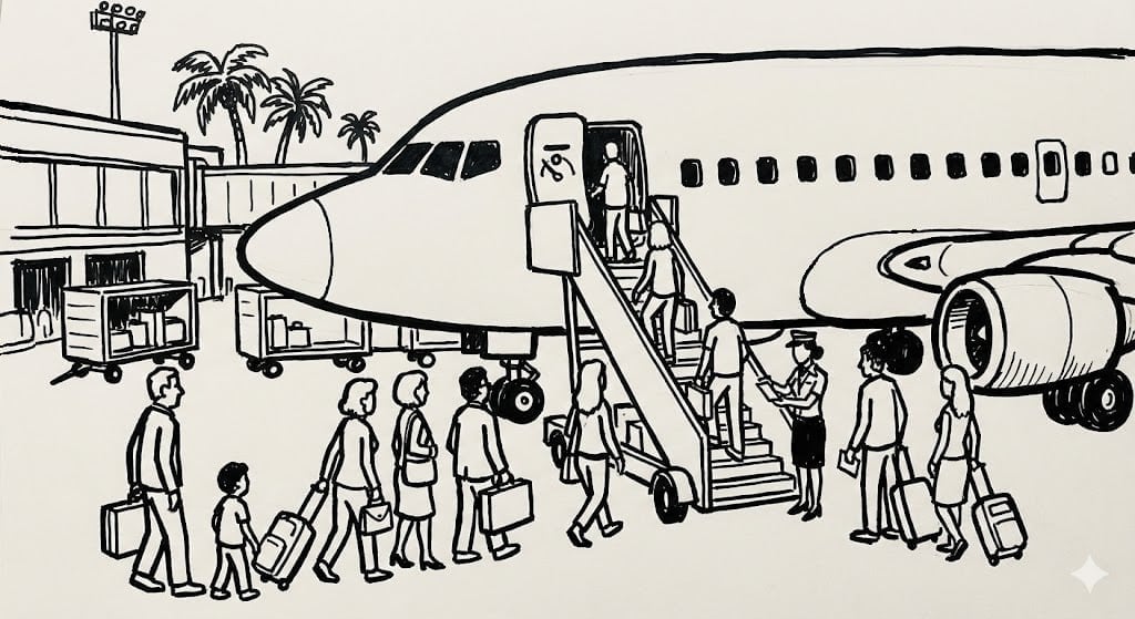✈️ Airport Scene Coloring Page - People Boarding Airplane