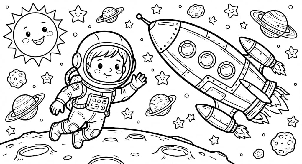🚀 Astronaut and Space Coloring Page - Rocket, Sun and Galaxy