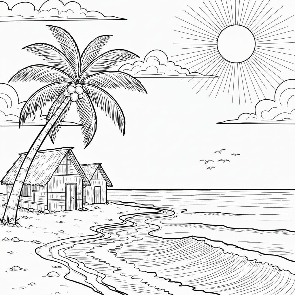 🏖️ Beach Scene Coloring Page - Sun, Clouds, Palm Tree, Hut and Beach