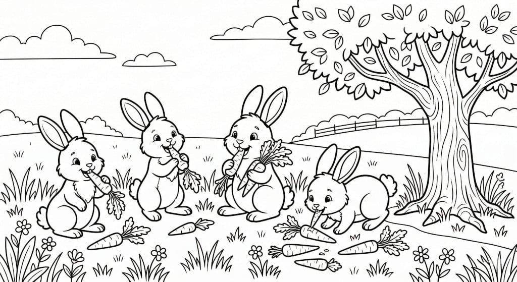 🐰 Bunny Drawing for Kids - Cute Bunnies, Carrots & Meadow Scene
