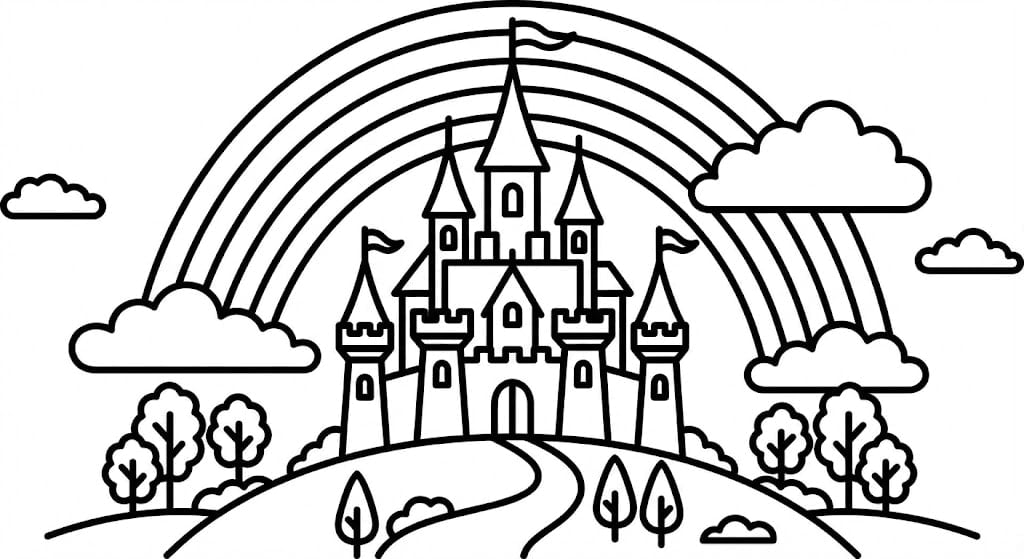 🏰 Castle Coloring Page - Magical Castle with Rainbow and Trees