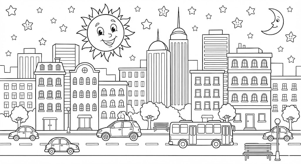 🏙️ City Scene Coloring Page - Sun, Buildings, Cars and Road