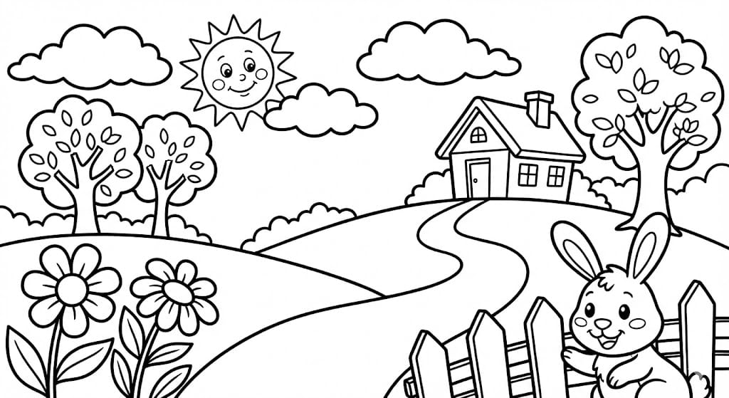 🏠 Countryside House Coloring Page - Sun, Trees, Road, Flower and Rabbit