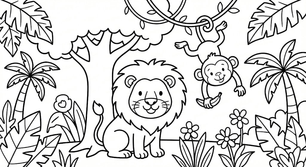 🦁 Lion and Monkey Coloring Page - Wildlife Scene with Trees