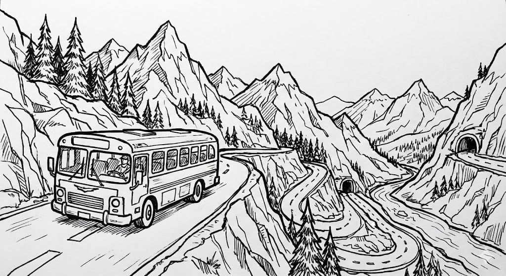 🌉 Mountain Bridge Coloring Page - River, Mountains and Big Bridge on Road