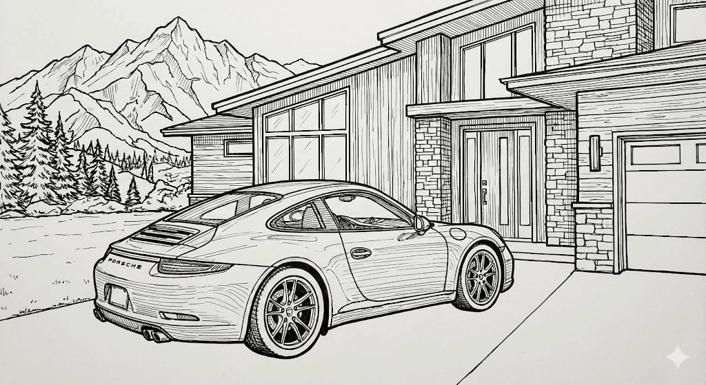 🏔️ Mountain House Coloring Page - Sports Car, House and Mountain with Trees