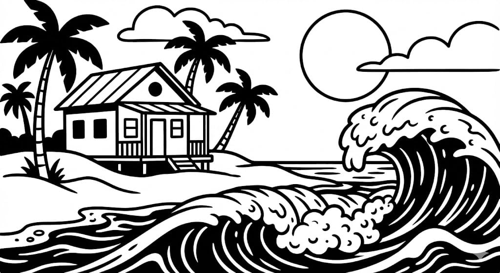 🌊 Ocean Wave Coloring Page - Big Wave, Coconut Trees and Hut