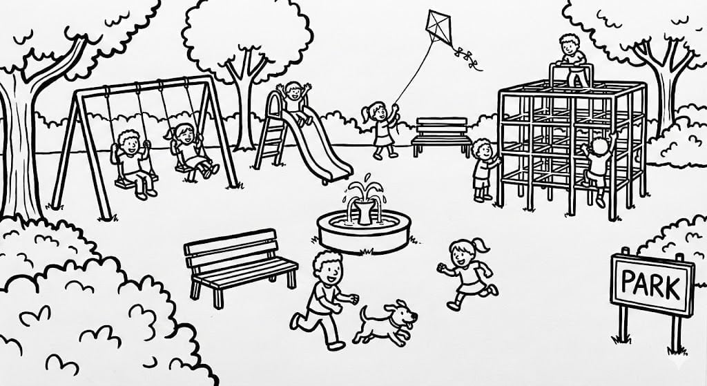 🌳 Park Playground Coloring Page - Swings, Benches and Small Waterfall