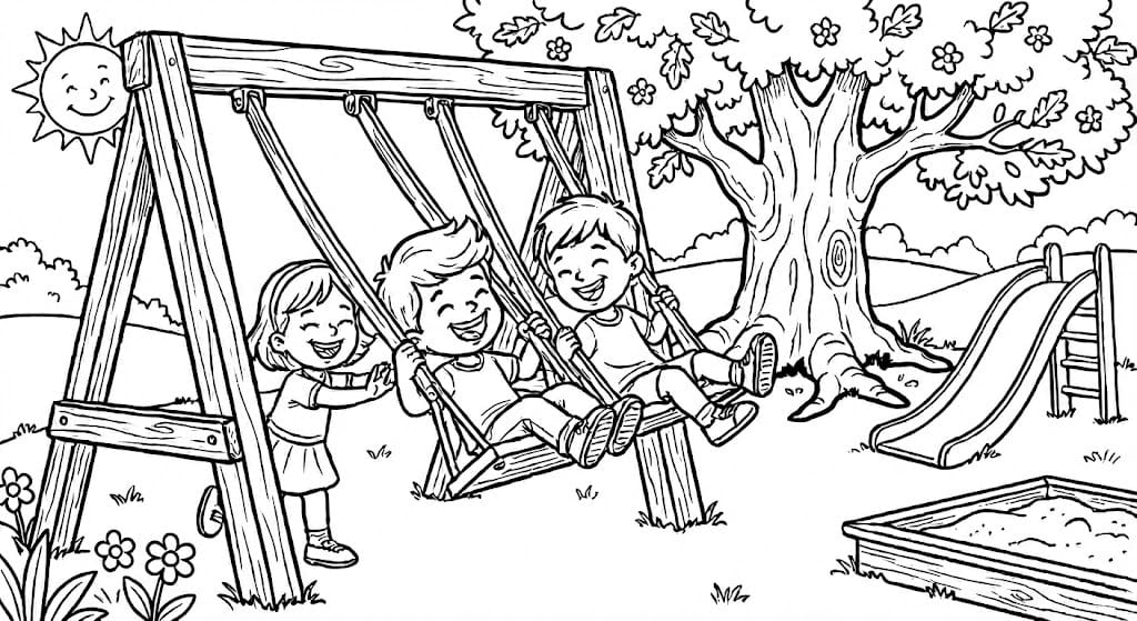 🛝 Playground Coloring Page - Kids, Trees, Play Area and Slide