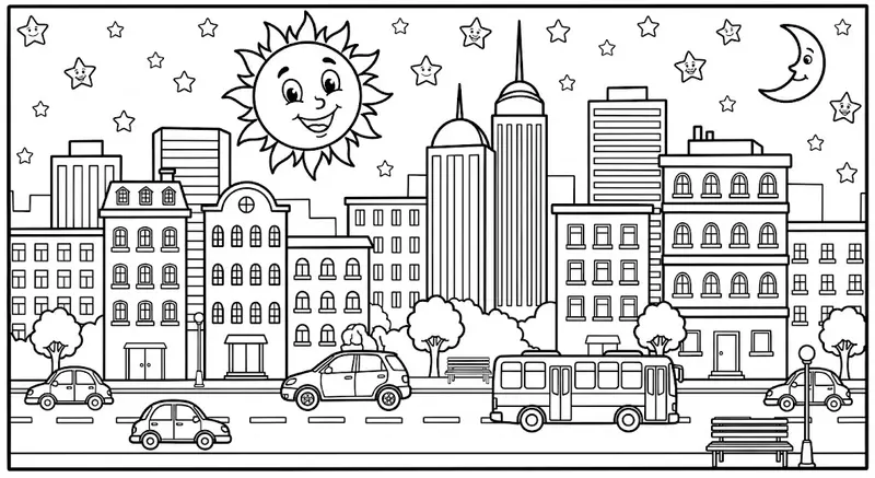 🏙️ City Scene Coloring Page - Sun, Buildings, Cars and Road