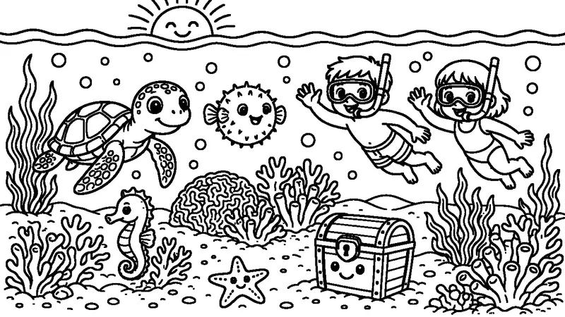🐠 Coral Reef Coloring Page - Turtle, Fish, Seahorse and Kids Snorkeling