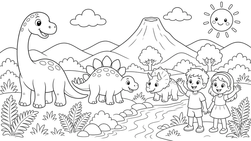 🦕 Dinosaur Valley Coloring Page - Friendly Dinos, River, Trees and Kids