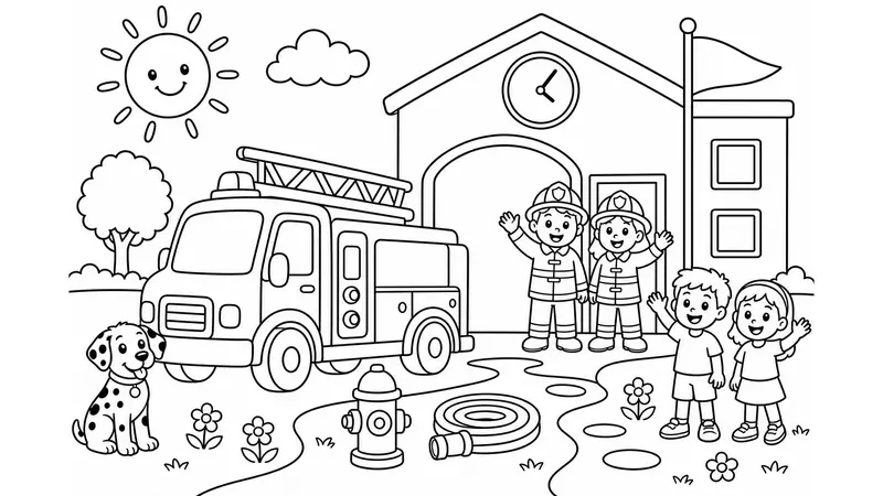 🚒 Fire Station Coloring Page - Fire Truck, Station, Dalmatian and Kids
