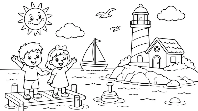 ⛵ Lighthouse Harbor Coloring Page - Lighthouse, Sailboat, Dock and Seagulls