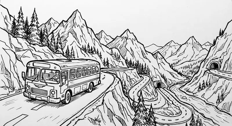 🌉 Mountain Bridge Coloring Page - River, Mountains and Big Bridge on Road
