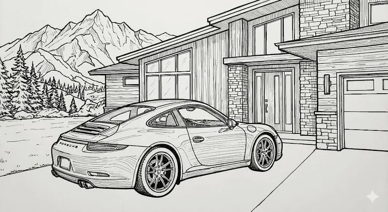 🏔️ Mountain House Coloring Page - Sports Car, House and Mountain with Trees
