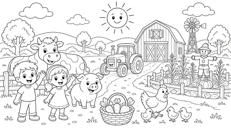 🚜 Sunny Farm Coloring Page - Barn, Tractor, Cow, Pig and Chicks