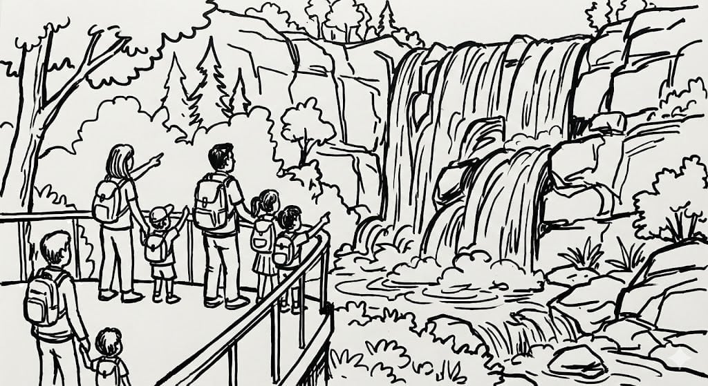 💧 Waterfall Coloring Page - Waterfall, Tree, River and Kids Watching