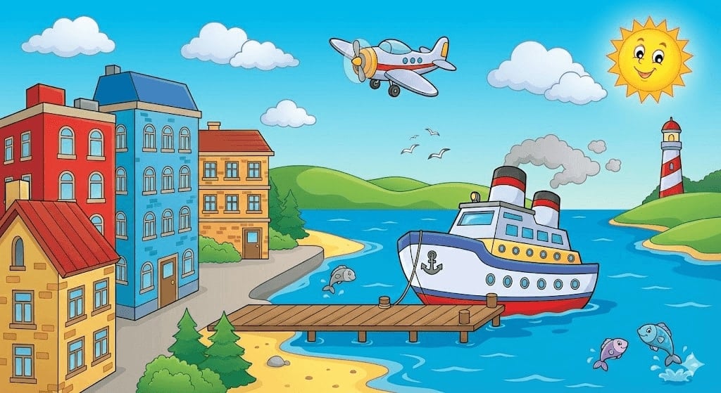 Riverside Harbor Jigsaw Puzzle - Ships, Lighthouse & Waterfront Houses