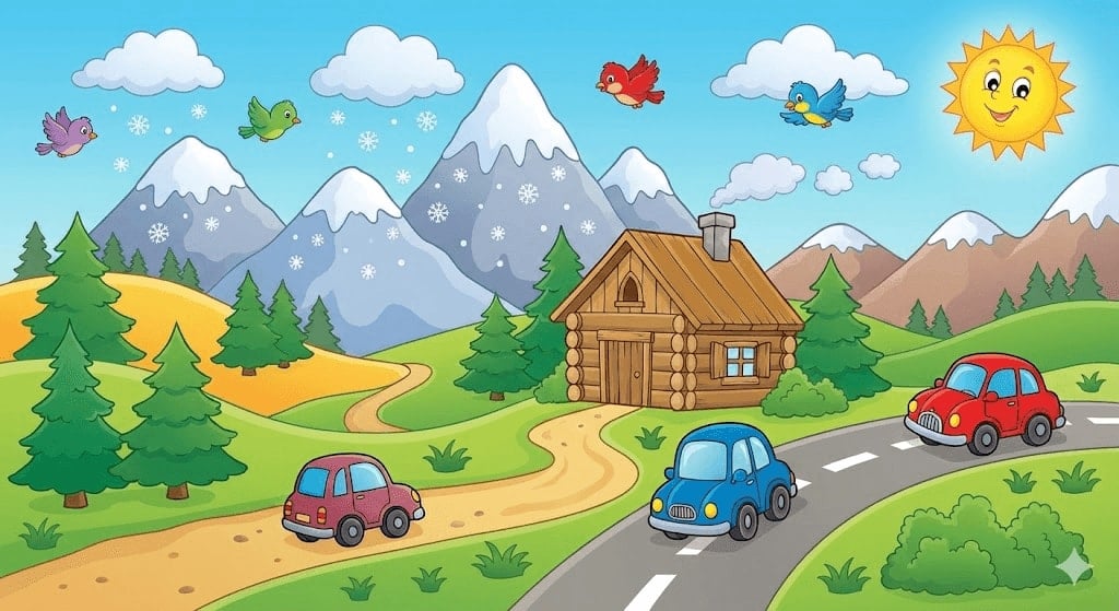 Snowy Mountain Jigsaw Puzzle - Winter Village Scene with Cars & Houses